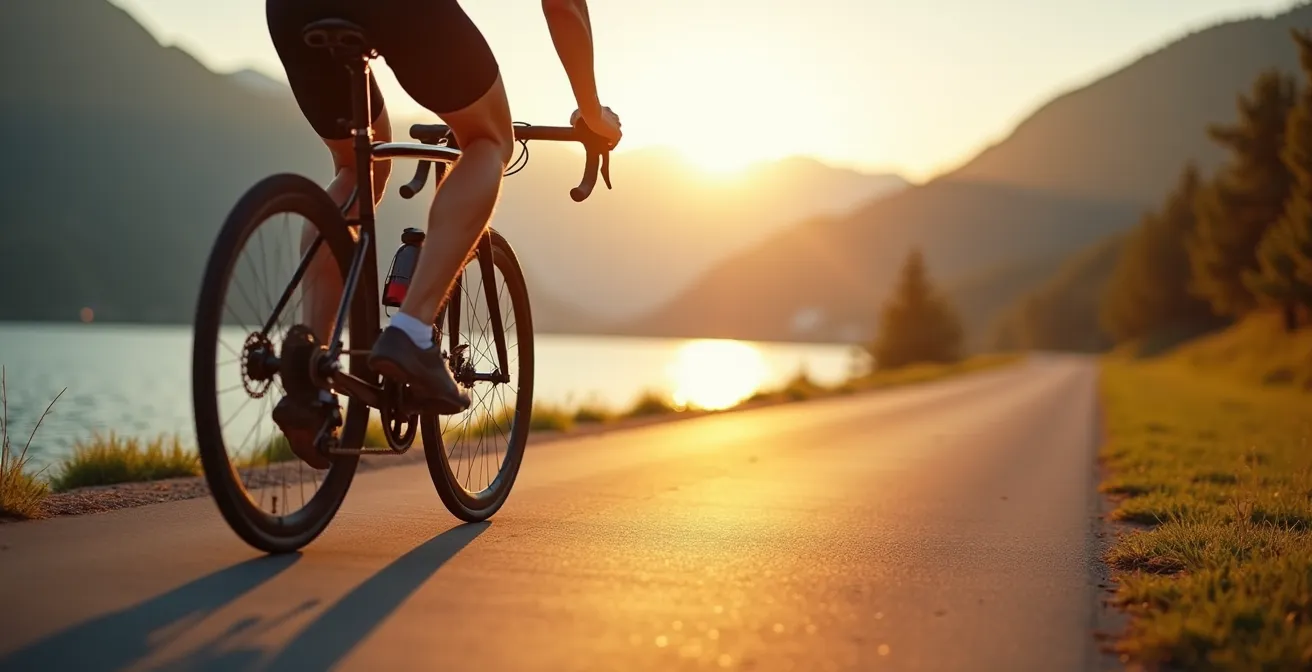 Cycliste sur la piste cyclable au bord du lac d'Annecy avec reflets dorés sur l'eau