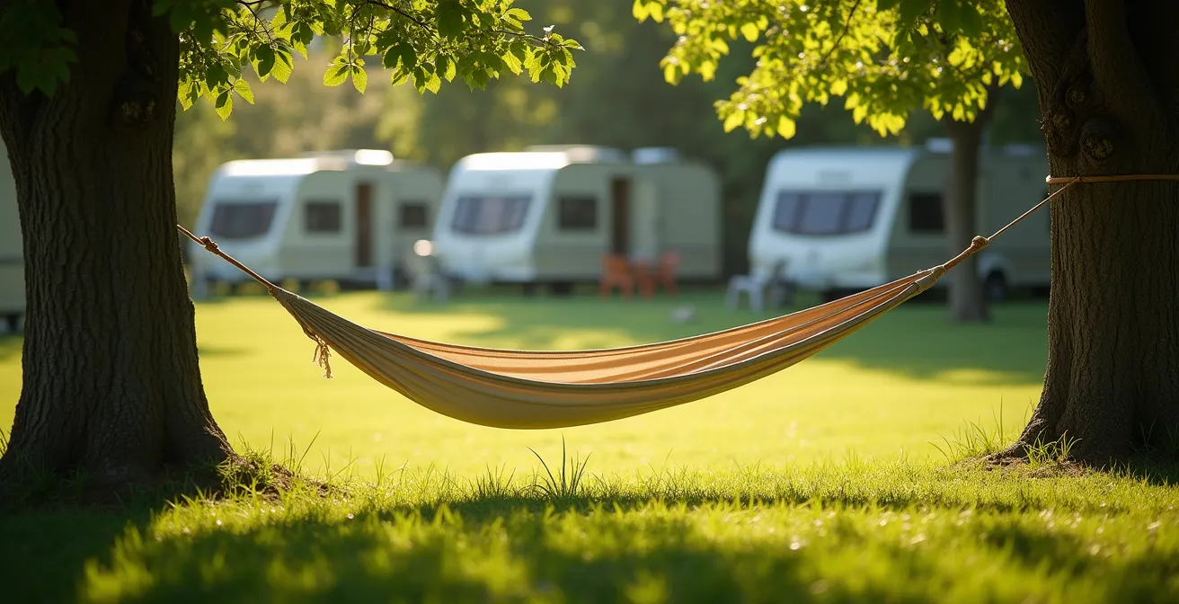 Hamac installé entre deux platanes dans un camping ombragé