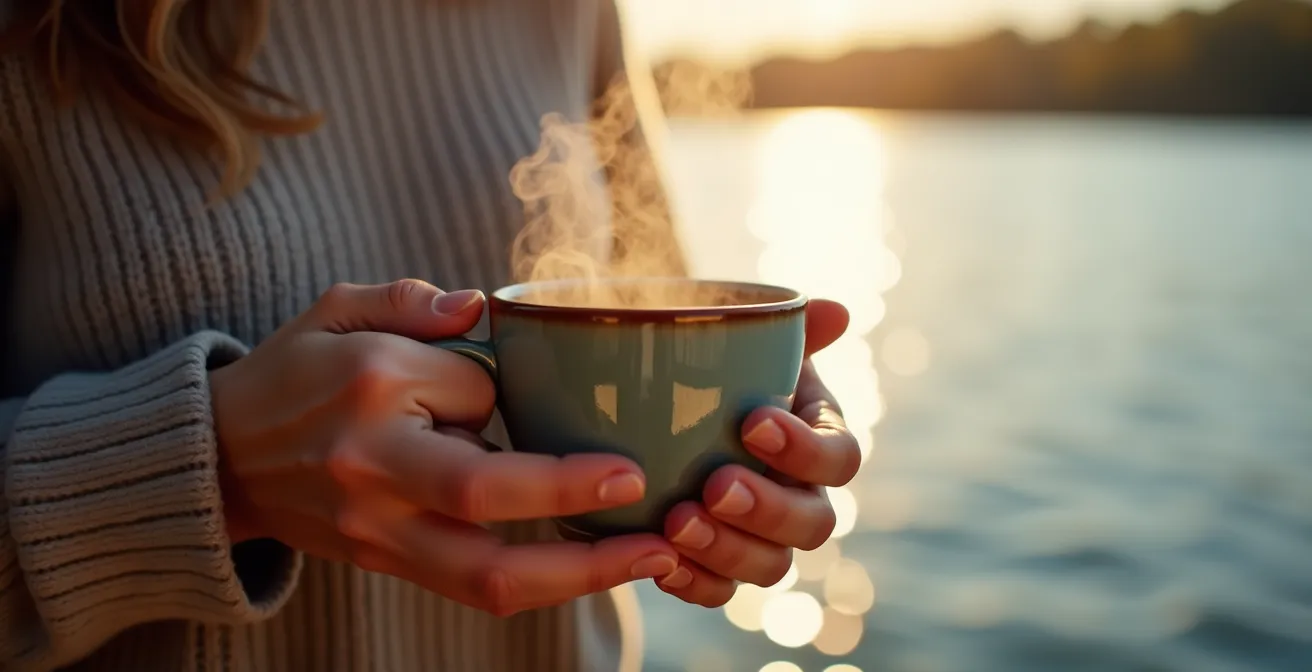 Mains tenant une tasse de café sous l'auvent d'une caravane au lever du soleil