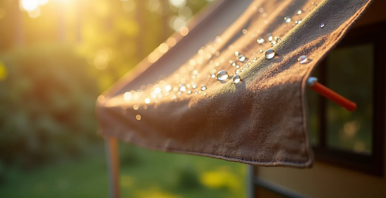 Détail de la texture d'une toile de caravane vintage avec jeux d'ombre